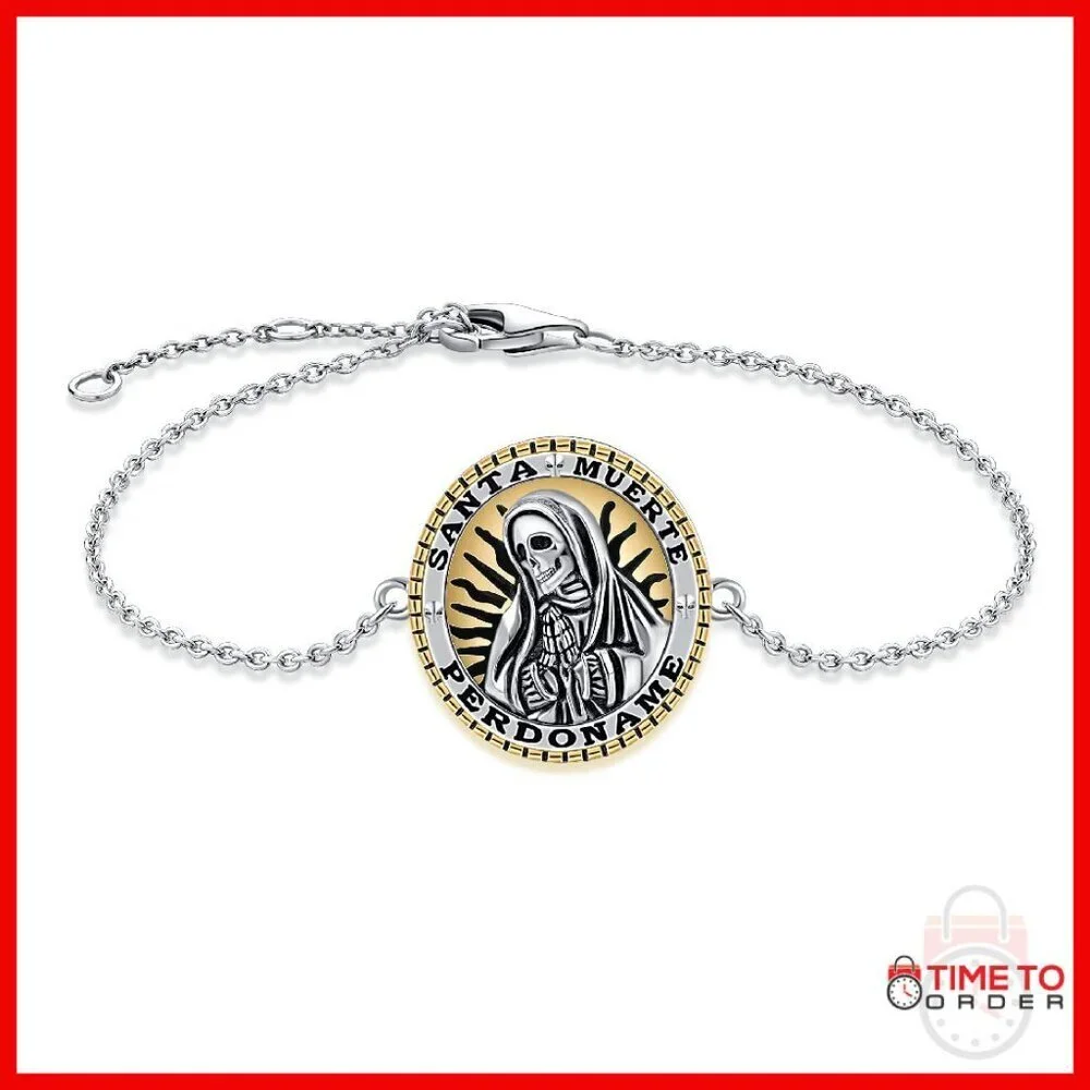 925 Sterling Silver Santa Muerte Charm Bracelet Adjustable Cable Chain